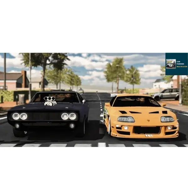 two black and yellow colored cars sitting near each other on a road